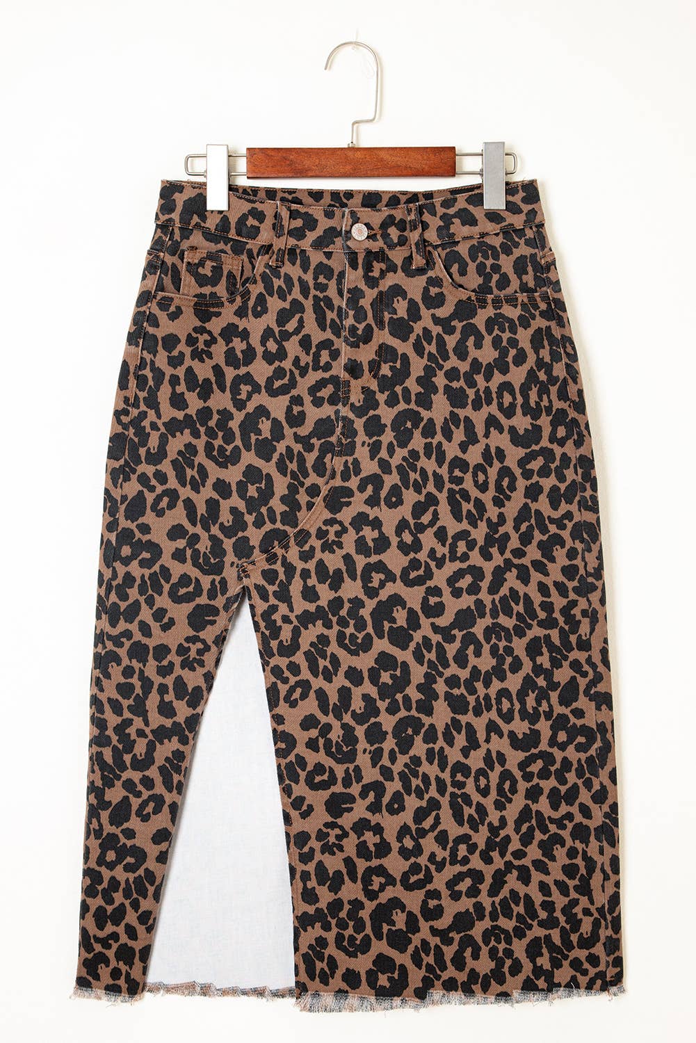 Western Leopard Denim Frayed Split Denim Midi Skirt