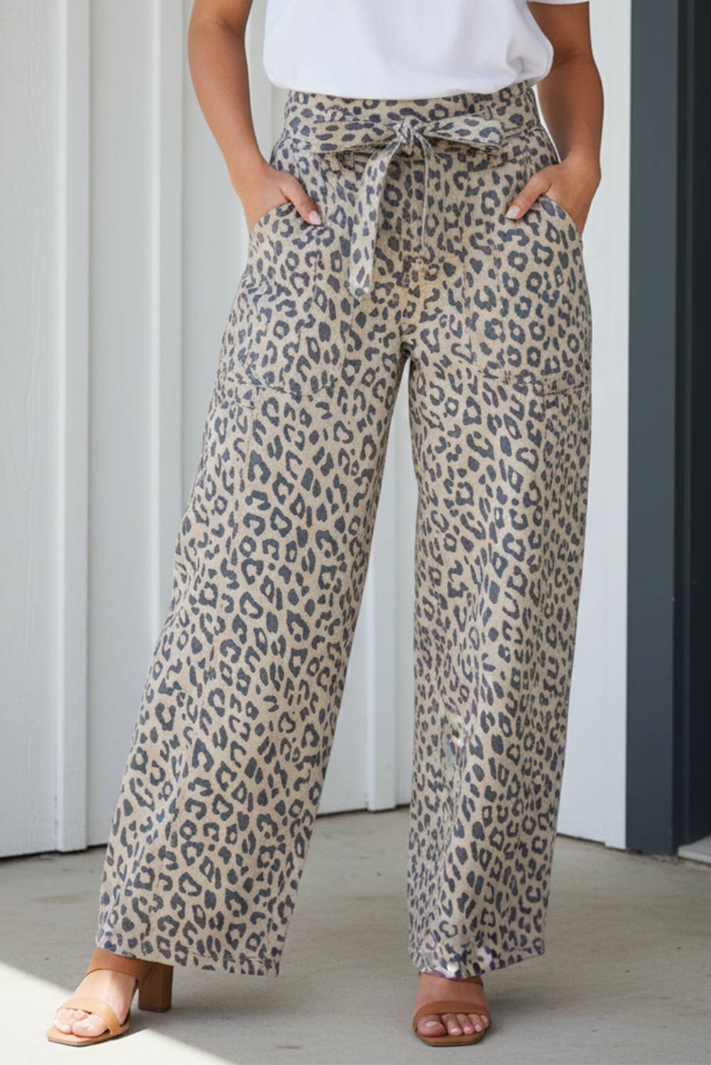Leopard Drawstring Waist Pocketed Wide Leg Jeans