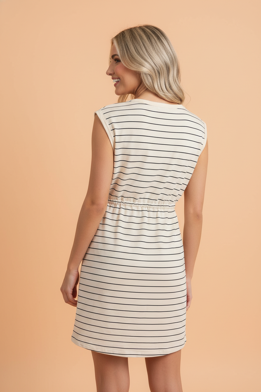 Stripe Drawstring Tunic Tank Dress w/ Pocket