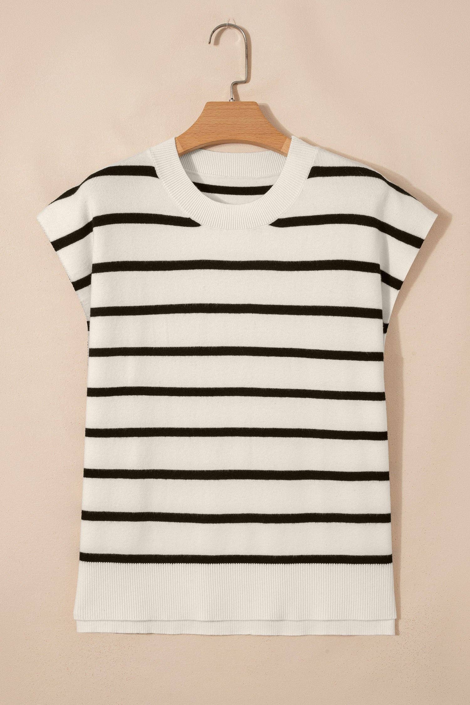 Stripe Side Slit Short Sleeve Sweater Tee