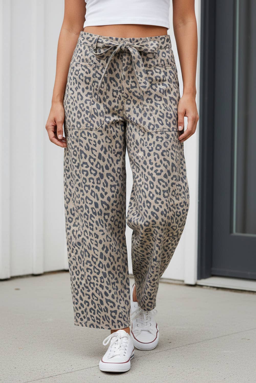Leopard Drawstring Waist Pocketed Wide Leg Jeans