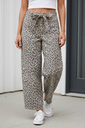 Leopard Drawstring Waist Pocketed Wide Leg Jeans