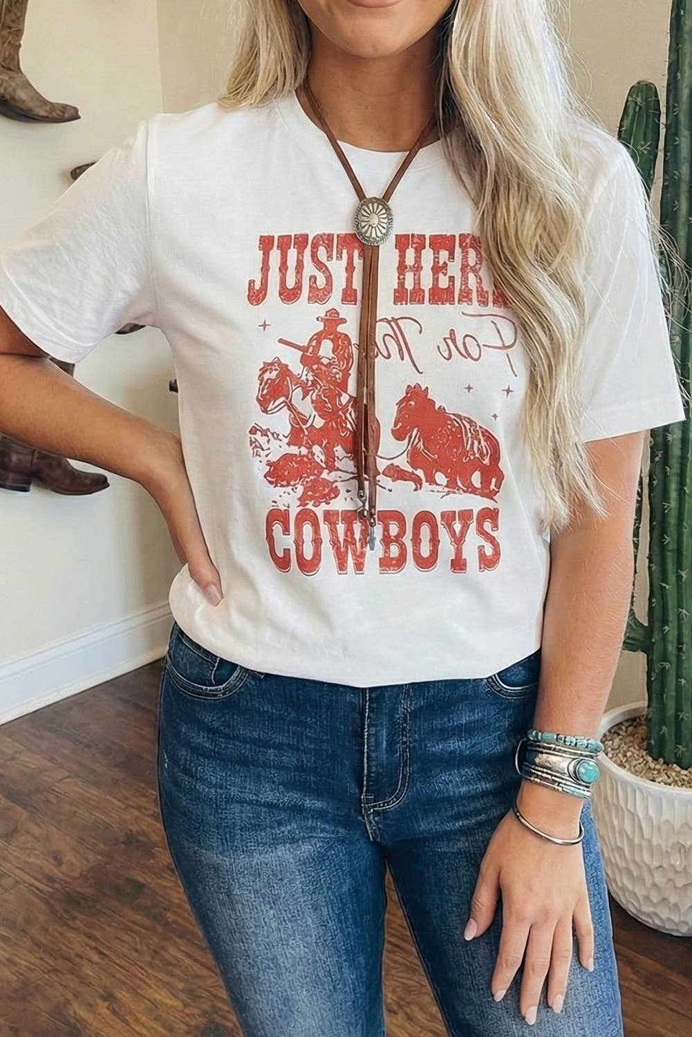 Just Here For The Cowboys Cuffed Sleeve Crew Neck T Shirt