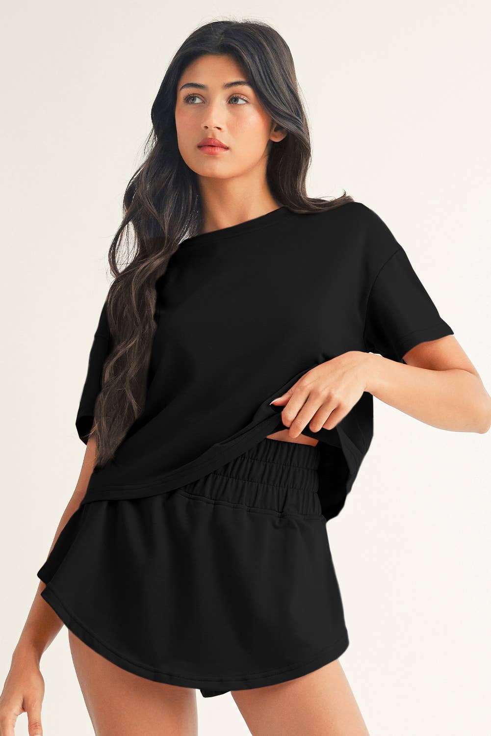 Cropped Tee and Ruffle High Waist Skort Set Black