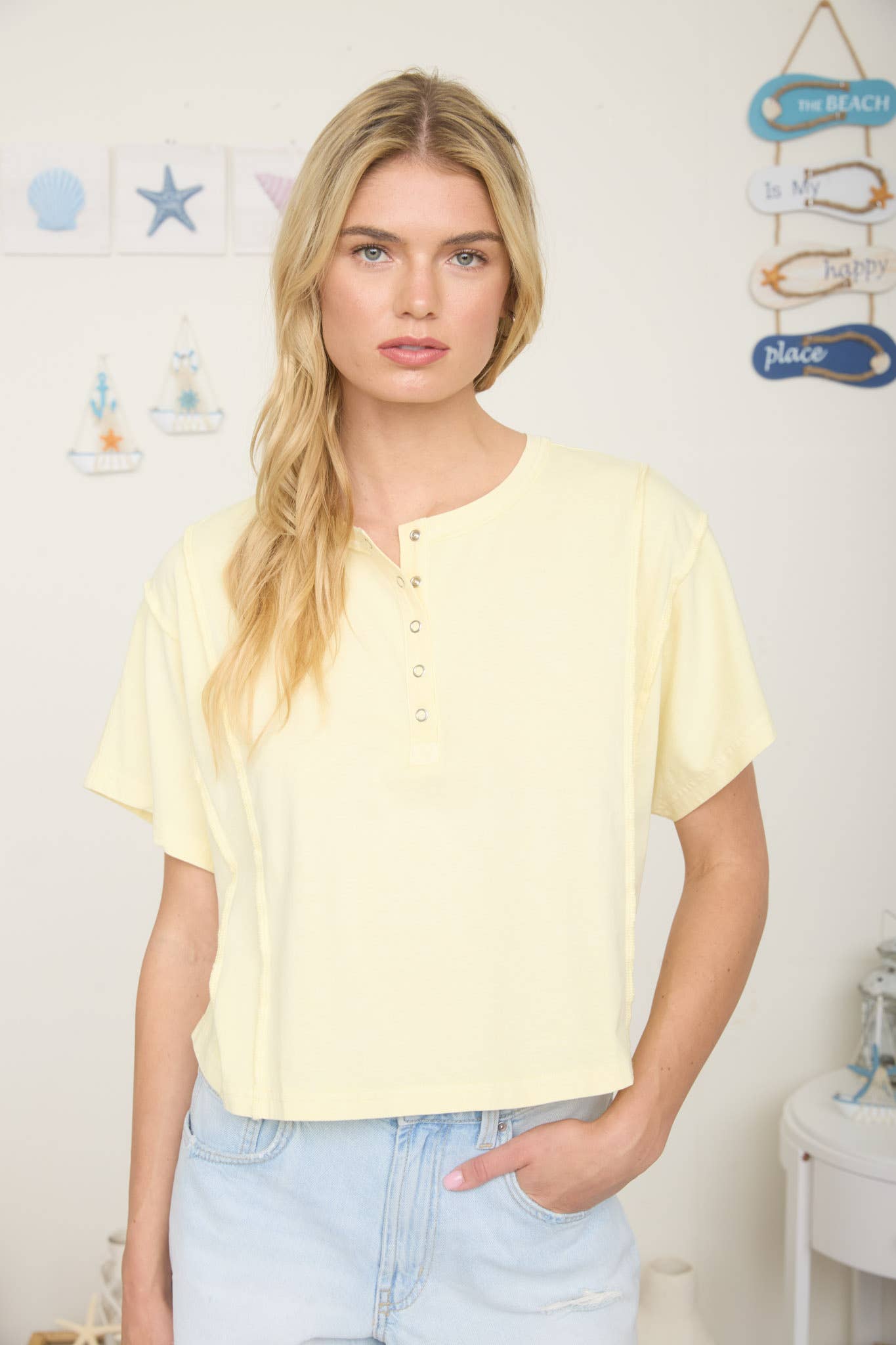Boxy Fit Henley Short Sleeve Top