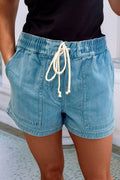 Contrast Drawstring Elastic Waist Denim Shorts