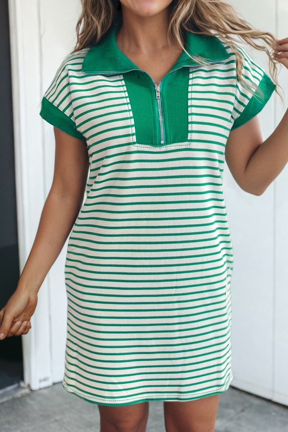 Stripe Zip Polo Collar T Shirt Dress with Pocket