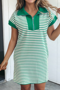 Stripe Zip Polo Collar T Shirt Dress with Pocket