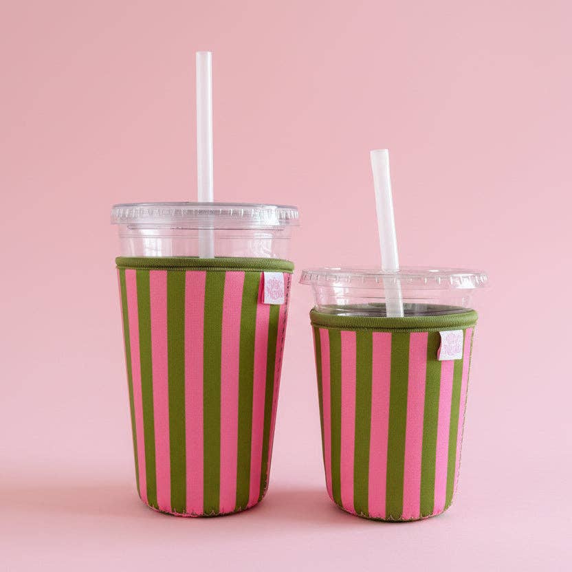Coffee Cup Cover - Pink & Green Stripes - Iced Drink Sleeve