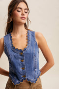 Scallop Trim Stretch Denim Vest